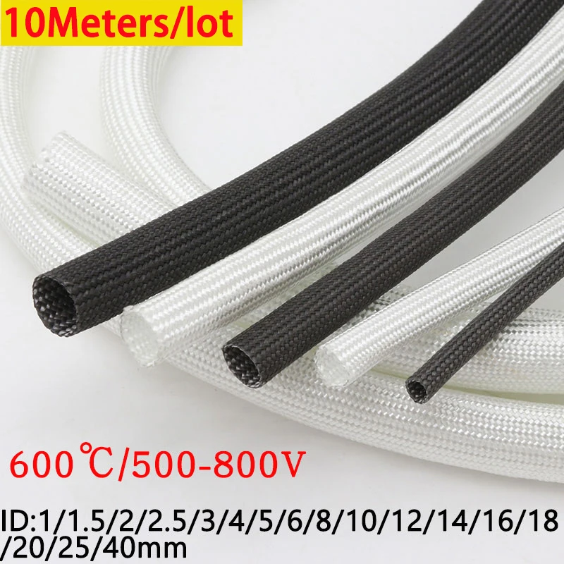 10M Black/White ID 1mm ~ 40 mm Braided Fiberglass Sleeve 600 Deg.C High Temperature Chemical Glass Fiber Tube Fiberglass Sleeve