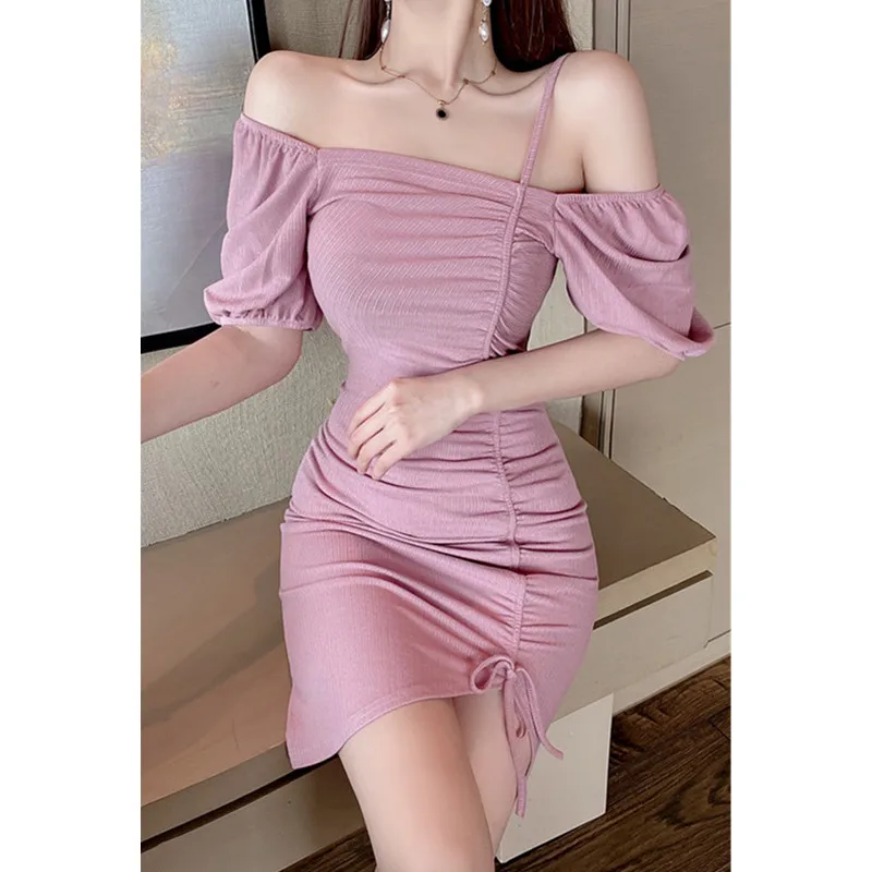 

Summer 2021 New Fashion Strapless One-Way Sexy Plaid Stitching Hollow Short-Sleeved Women's Dress