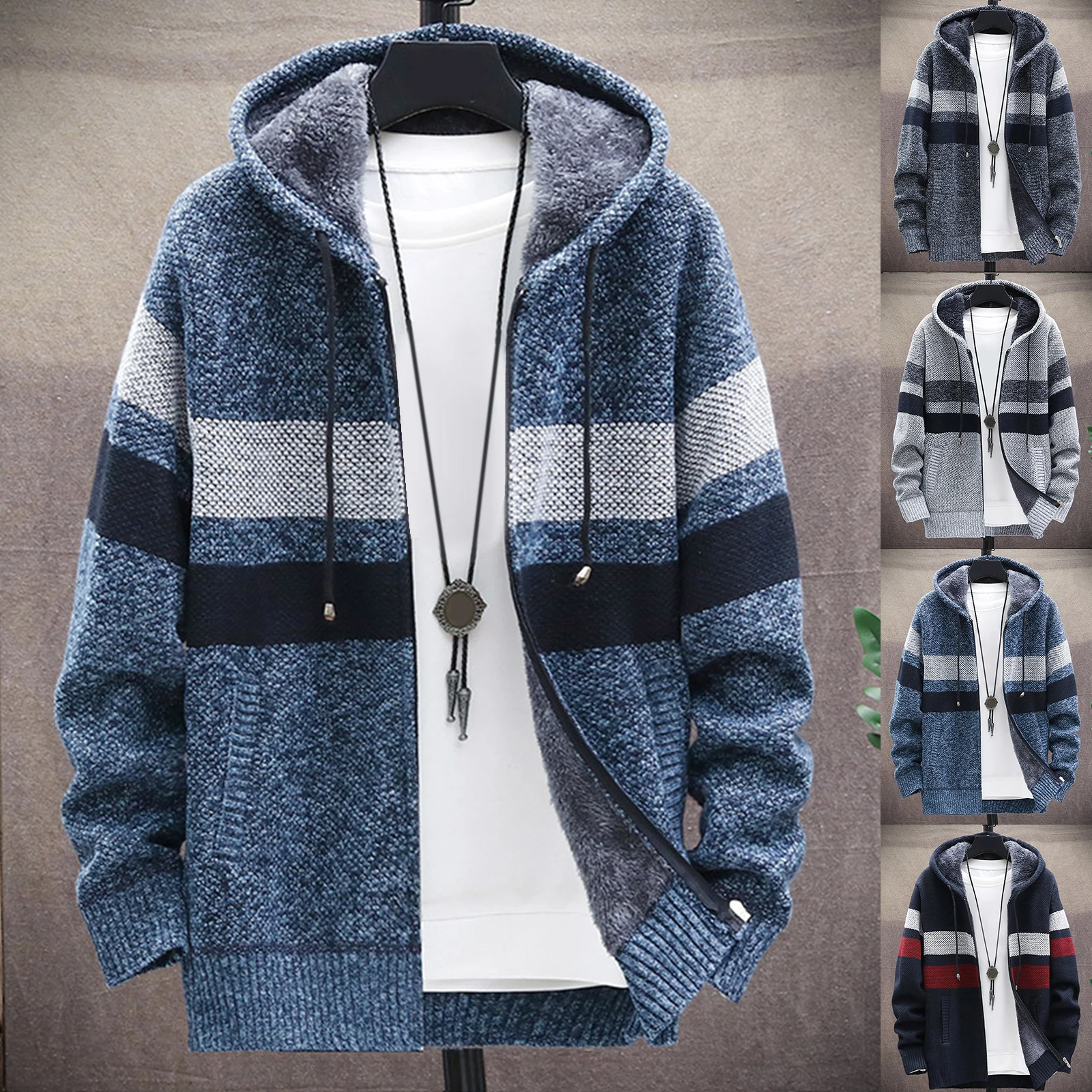 Мужская осенне-зимняя Толстовка с длинным рукавом вязаный кардиган капюшоном