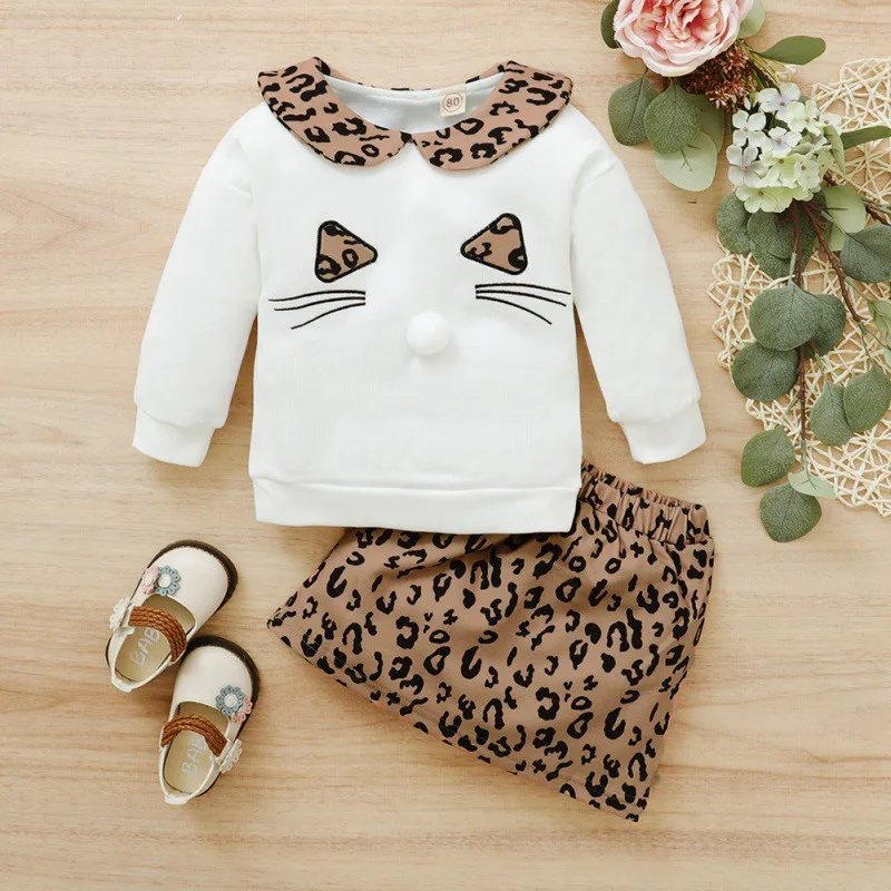 

Autumn Children Sets Baby Girl Long Sleeve Cartoon Pattern Sweatshirt Leopard Print Short Skirt Casual Outfits Set New
