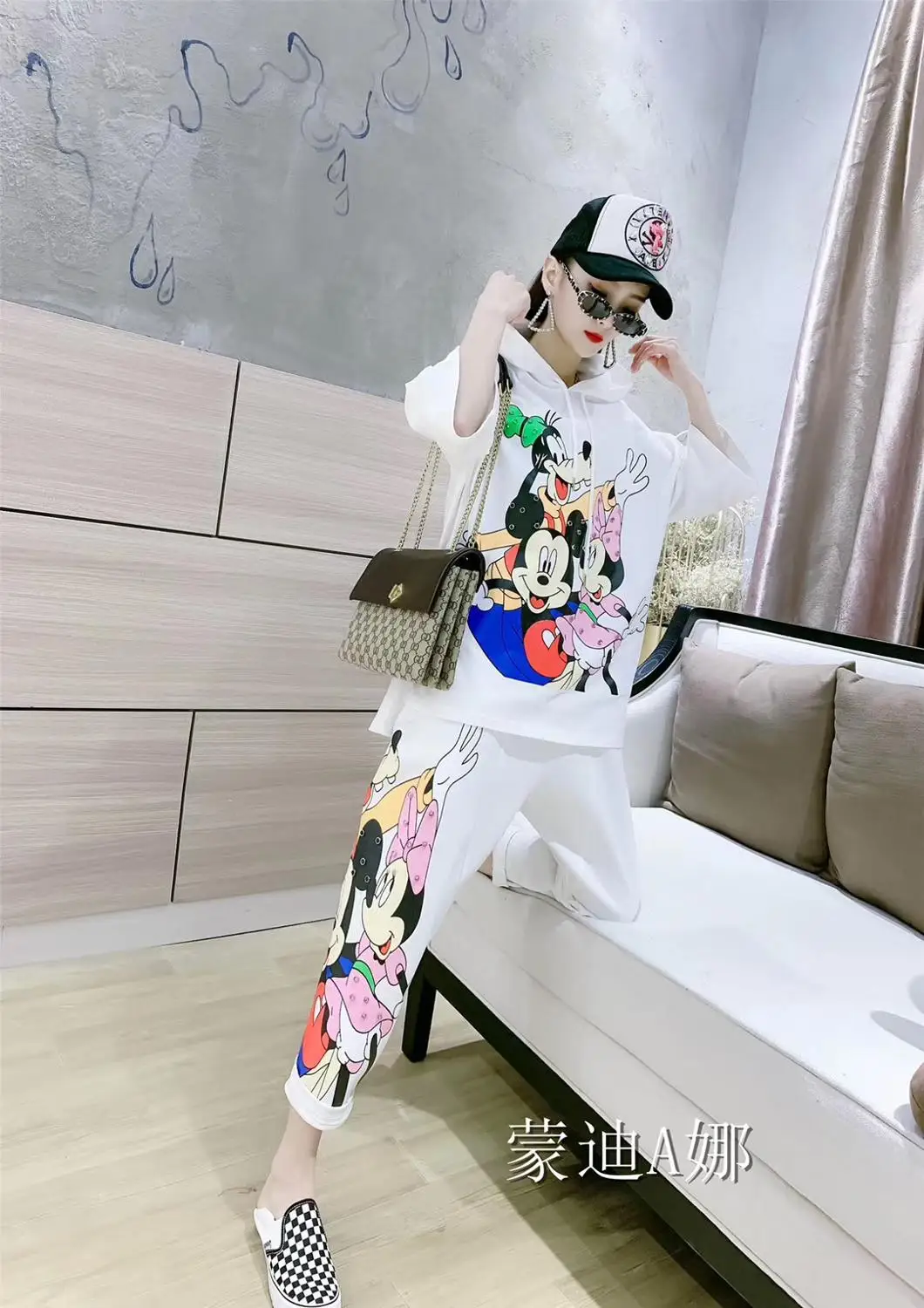Spring Summer Loose 2 Pieces Women's Cute Cartoon Print Tracksuits Twinsets Hooded Blouses Tops And Casual Pants Suits NS680 | Женская