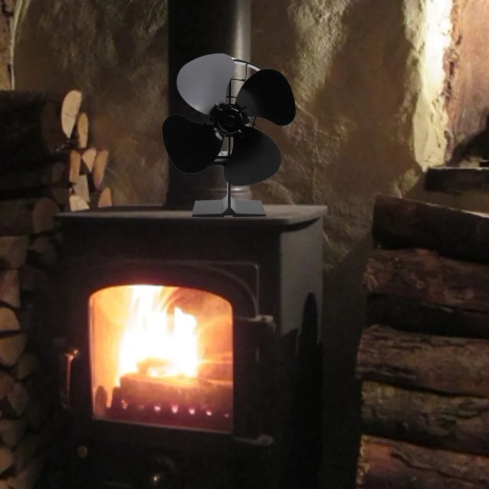 Черный вентилятор для камина 4 лезвия Вентилятор печи работающий от тепловой