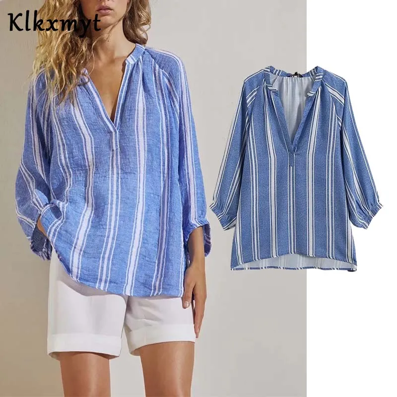 

Осенняя блузка Klkxmyt ZBZA, женская модная Повседневная Блузка в полоску в английском стиле, Модные Винтажные рубашки, женская блузка и топ