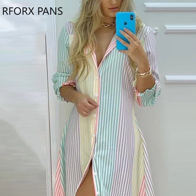 

Women Colorful Stripe Print Button Front High Slit Long Shirt Dress for Women Dress 2021