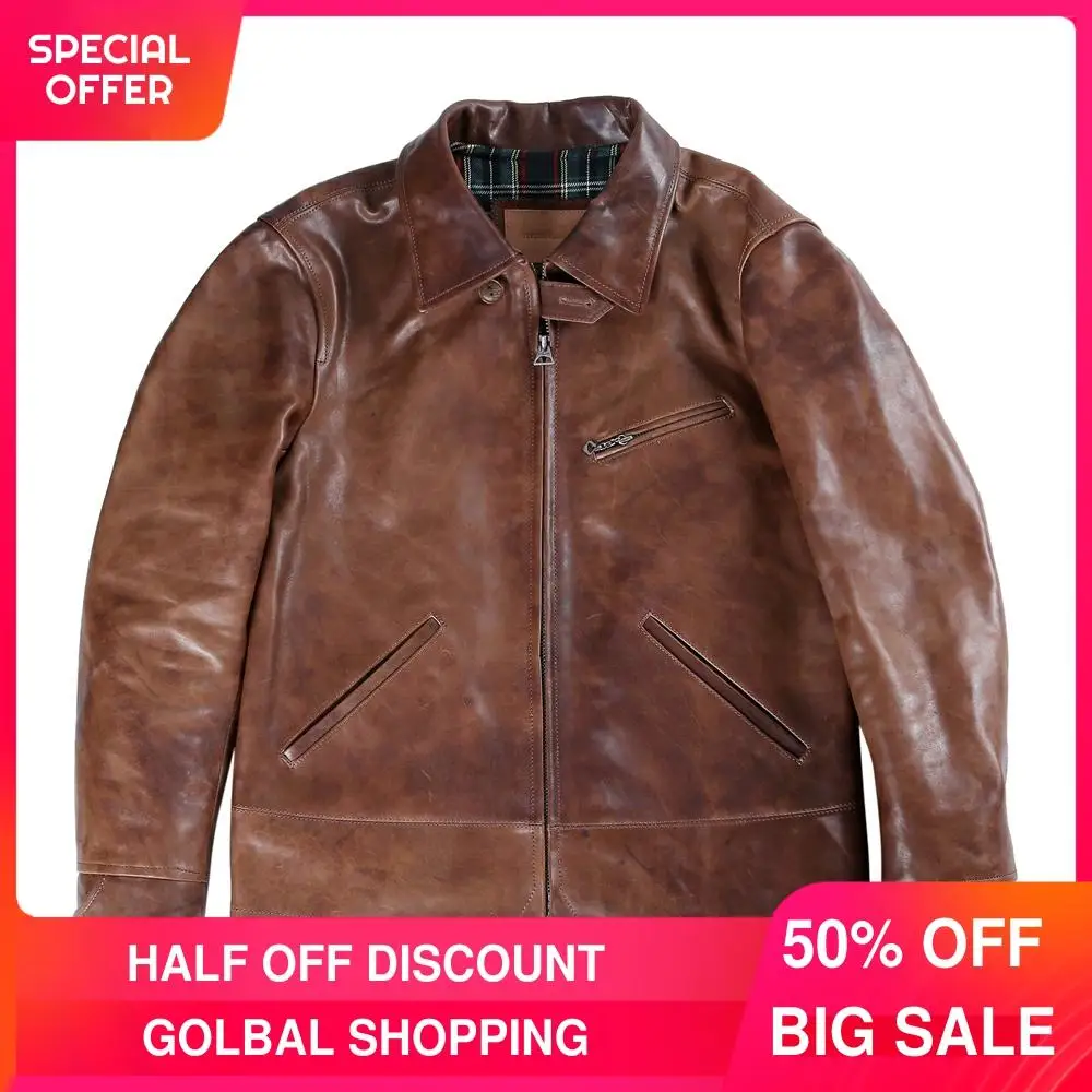 

2021 Vintage Brown Japan Casual Style Genuine Leather Jacket Men Large Size 3XL Real Natural Horsehide Short Autumn Coat
