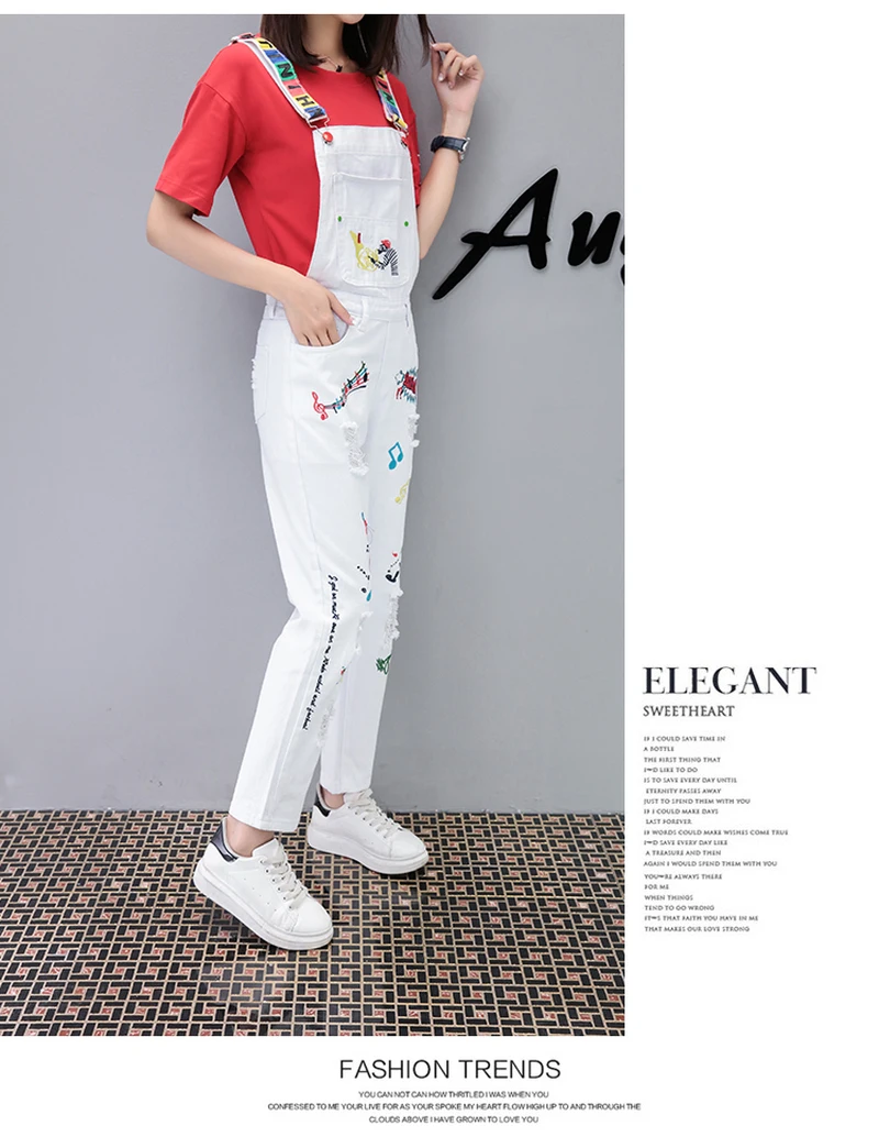 Женский джинсовый комбинезон с белыми дырками и вышивкой в Корейском стиле |