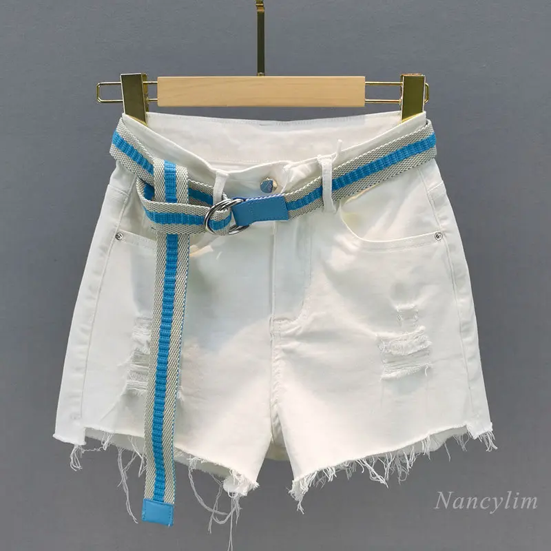 

White Hole Denim Shorts Women 2021 Summer New Cotton Elastic High Waist Slimming Burr Hot Pants Femme with Belt Nancylim