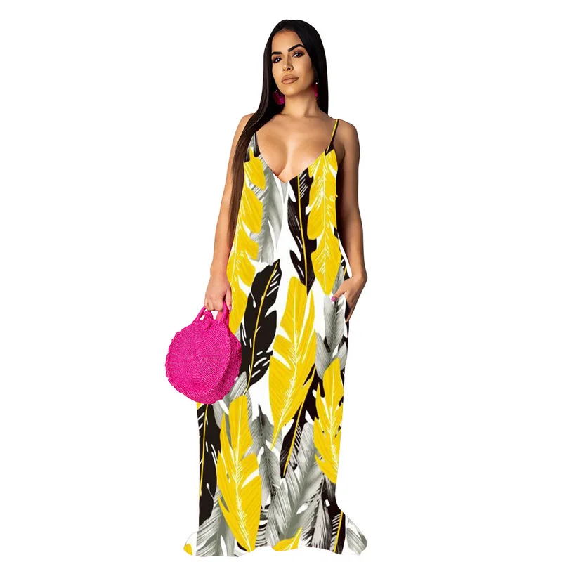 

Women Dresses Spaghetti Strap Casual Big Swing Leaves Print Open Back Long Party Dress Vintage V Neck Sleeveless Holiday Dress