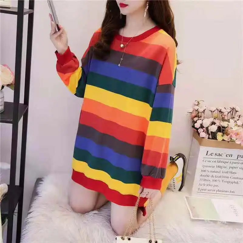 

2021 Autumn Winter Hoodies Women Casual O Neck Rainbow Stripe Oversized Long Pullover Tops Sweet Loose Sweatshirt Hoodies Female
