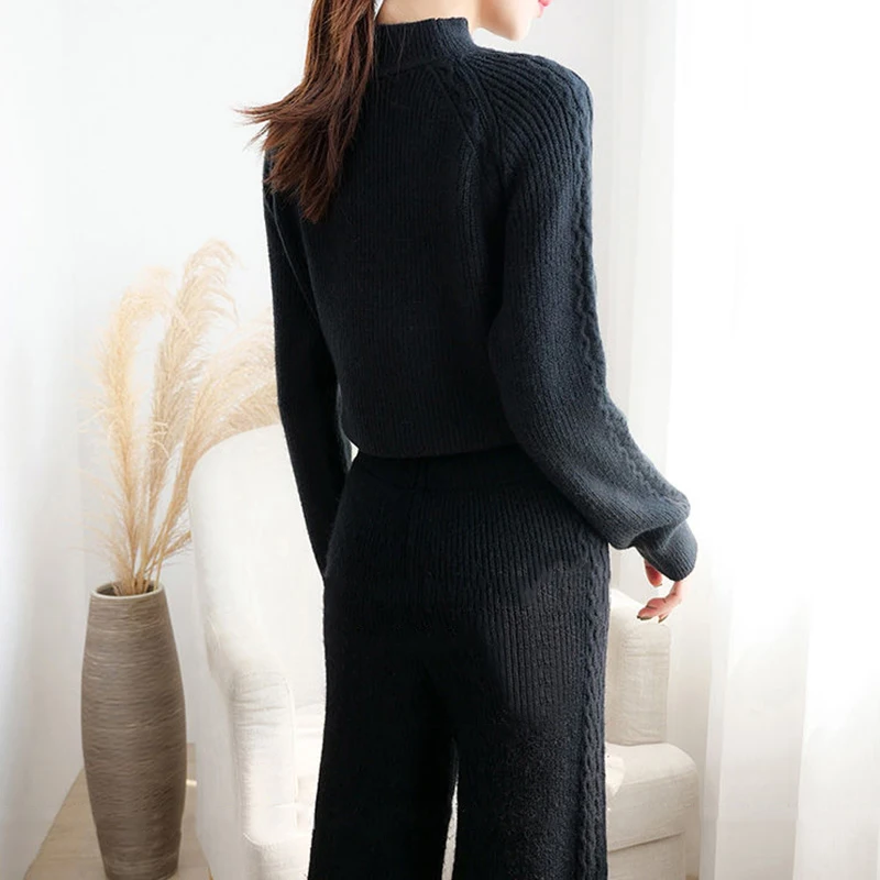 

Autumn Winter Casual Two Piece Set Women Knitted Loose Sweater Pullover Crop Tops +Wide Leg Pants Set Suit Female Korean Outfits