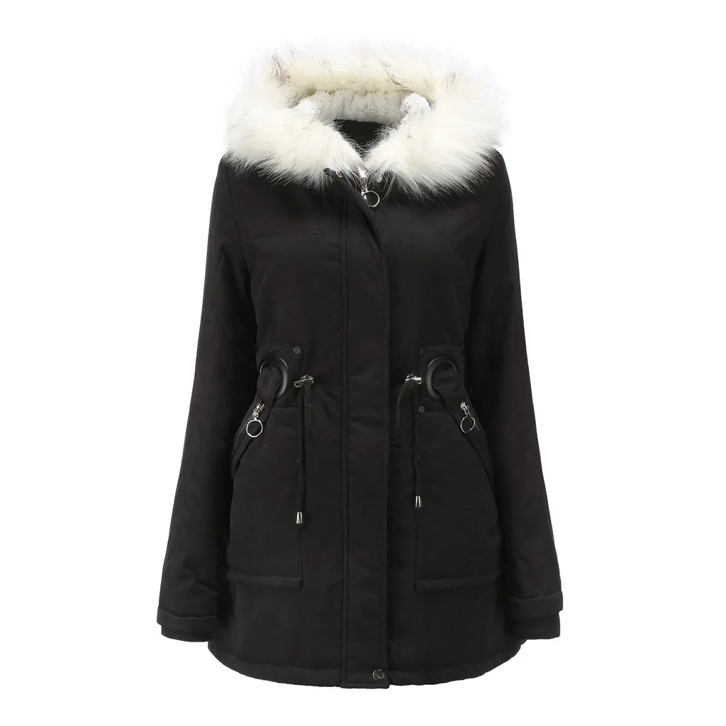 Winter Long Cotton Coat Solid Hooded White Fur Collar Plus Velvet Coat Slim High-quality Women's Cotton Cold-proof Jacket Parkas