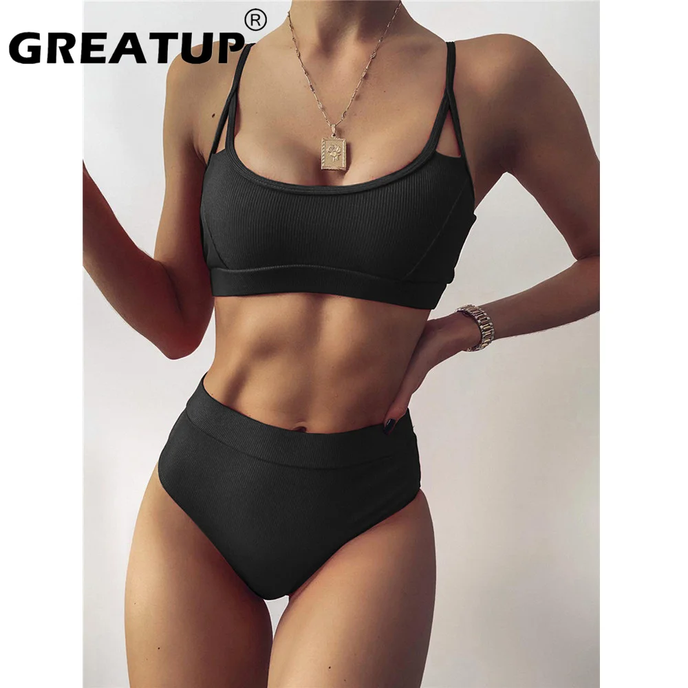 

GREATUP High Waist Bikinis Ribbed Women's Swimsuit 2021 Swimwear Women Cut Out Bathing Suits Push Up Biquini Black Bikinis Set