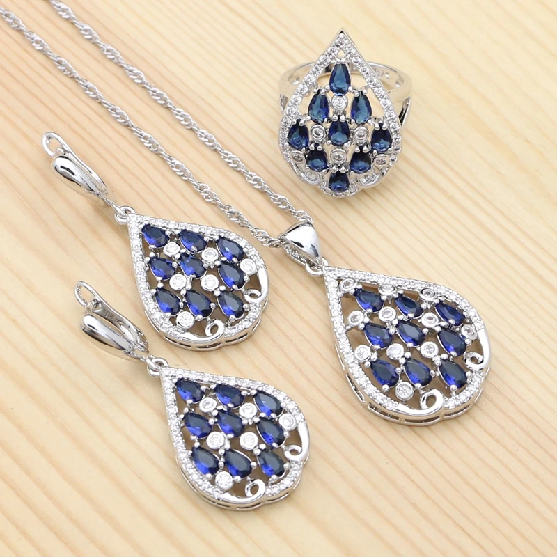 

925 Silver Jewelry Sets for Women Blue Sapphire White Crystal Earring/Pendant/Necklace/Ring Water Drop Jewelry