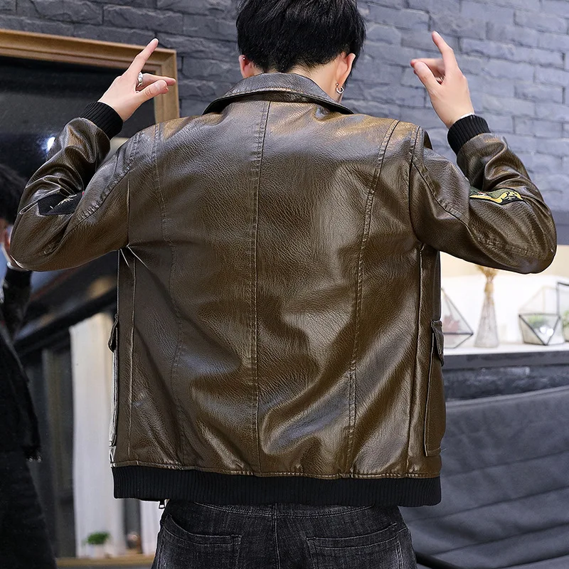 

Leather men's 2021 autumn and winter new pu lapel leather jacket coat locomotive Korean style slim leather men