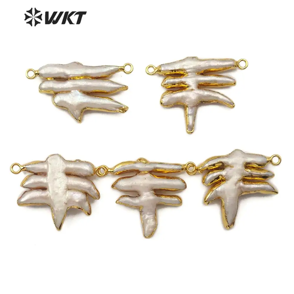 

WT-C287 natural pearl Pendant with gold electroplated irregular shape double hoops Connector women handmade Connector Jewelry