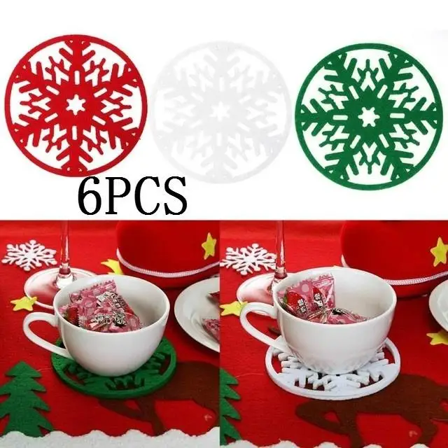 

6 шт./лот, коврик для чашки, рождественские украшения, снежинки, чашки, коврик, нетканый материал, вечерние тарелки