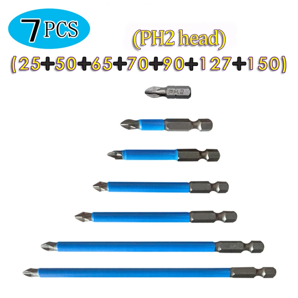 

7Pcs/set PH2 Cross Bit Drill Head 20-150mm Screwdriver Bits Hand Tools Anti Slip Electric Hex Shank Magnetic Electric Drill Bits