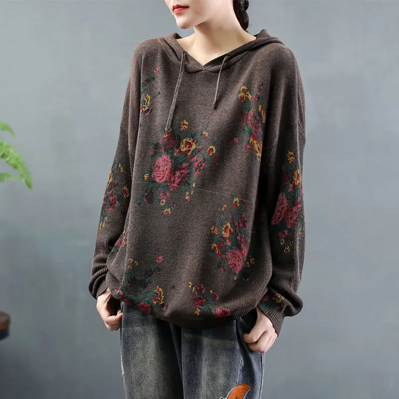 Женский вязаный свитер Max LuLu в китайском стиле с цветочным принтом капюшоном