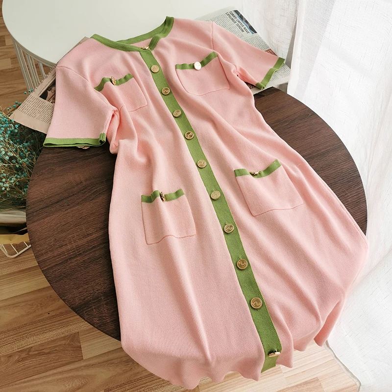 

French style summer hit color kintted dress women short sleeve slim single breasted pencil dress