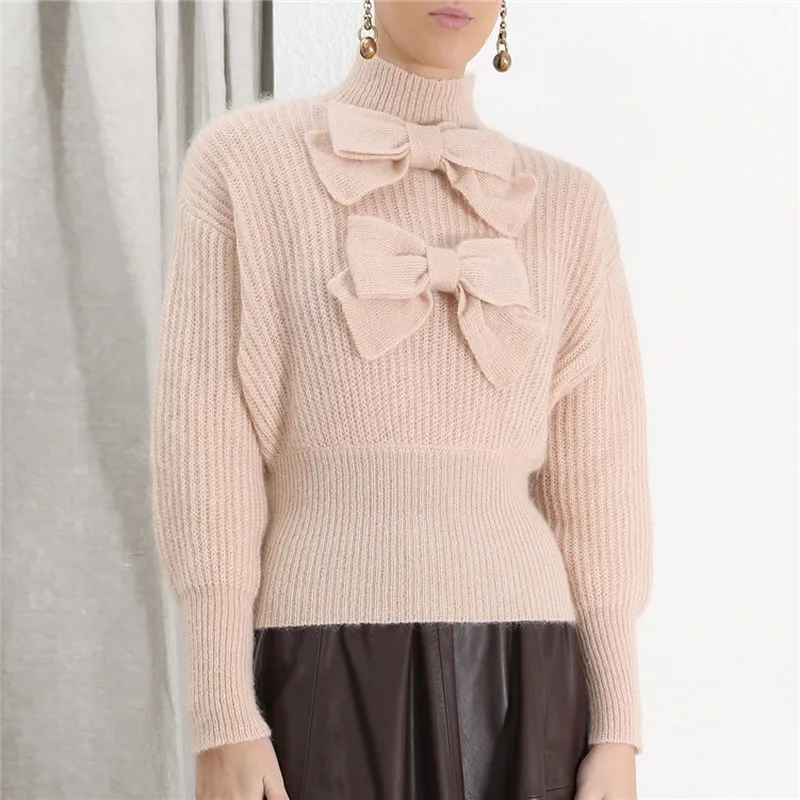 Женский укороченный свитер с бантом трикотажный подиумный пуловер высоким