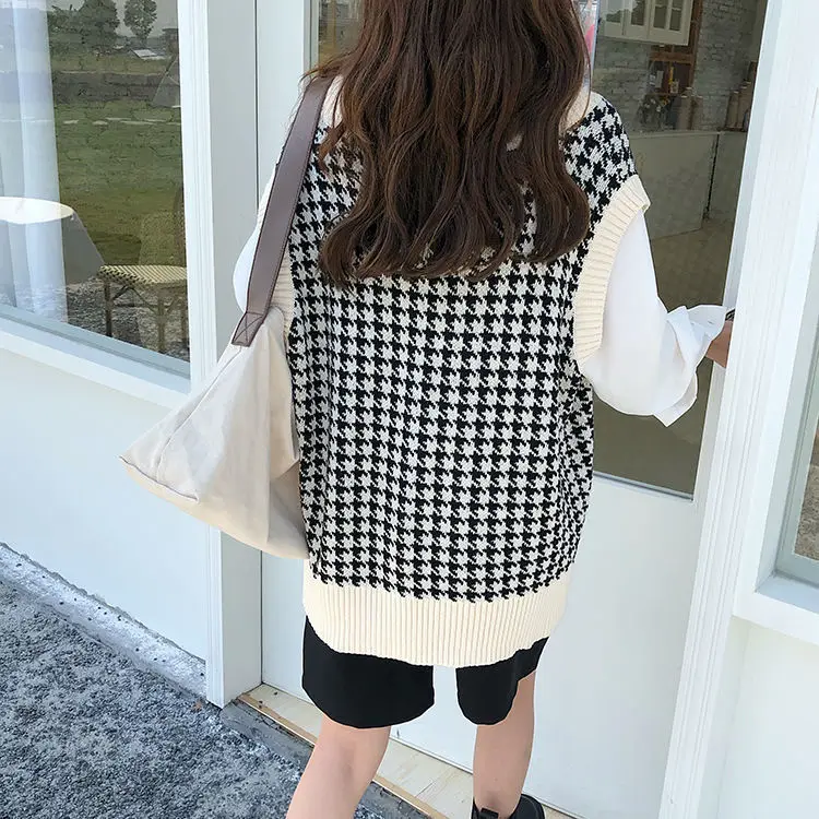 

Fashion Houndstooth Geometric Patterns Sweater Knitted Vest Casual Women Plaid Sleeveless Sweater Waistcoat Top V-Neck Pullover
