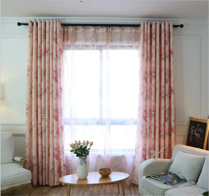 Blue Floral Curtain For Living Room Luxury Semi Blind Drape Window Panel Fabric Curtain For Bedroom Shading Pink Sheer HM386*30