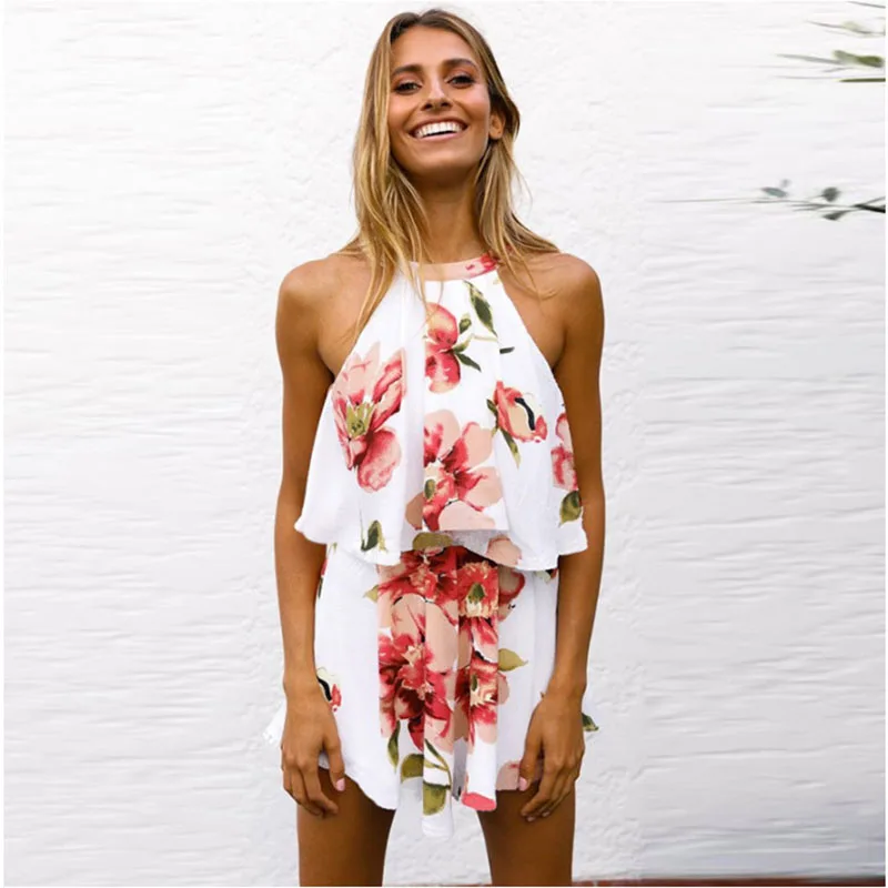 Women's Floral Print Sexy Two Piece Set Top+Pants Outfits Halter Off The Shoulder Fashion Summer Bohemia Beach Ladies Clothing |