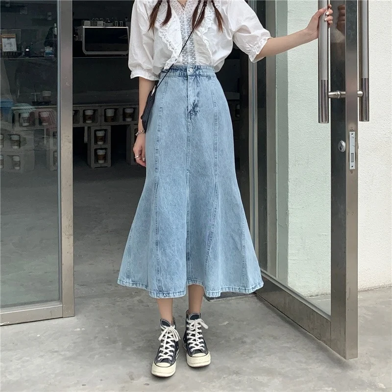 Женская джинсовая юбка с высокой талией юбка-годе средней длины оборками в стиле