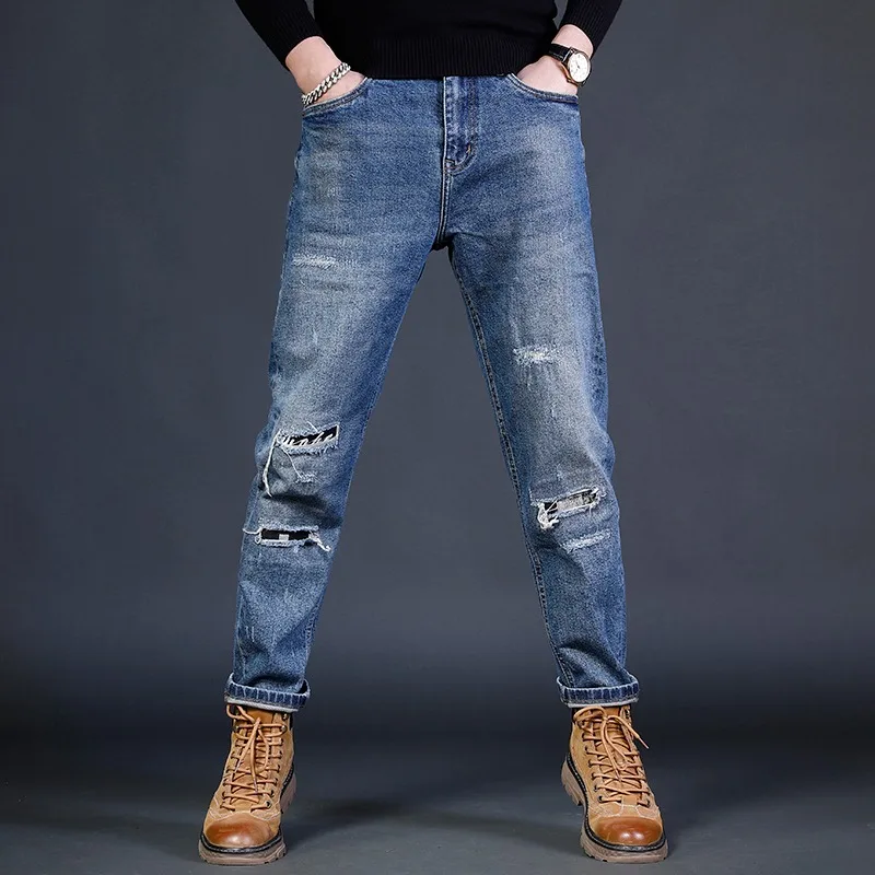 

2022 New Blue Baggy Ripped Jeans Men Casual Straight Leg Pants Patches Jean Mens Streetwear Cotton Denim Trousers