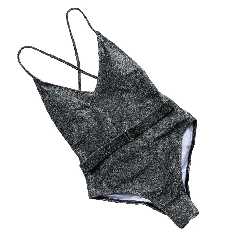 

Women Sexy Summer Solid Color Padded Belt V Neck Back Bandage Monokini Swimsuit 2021