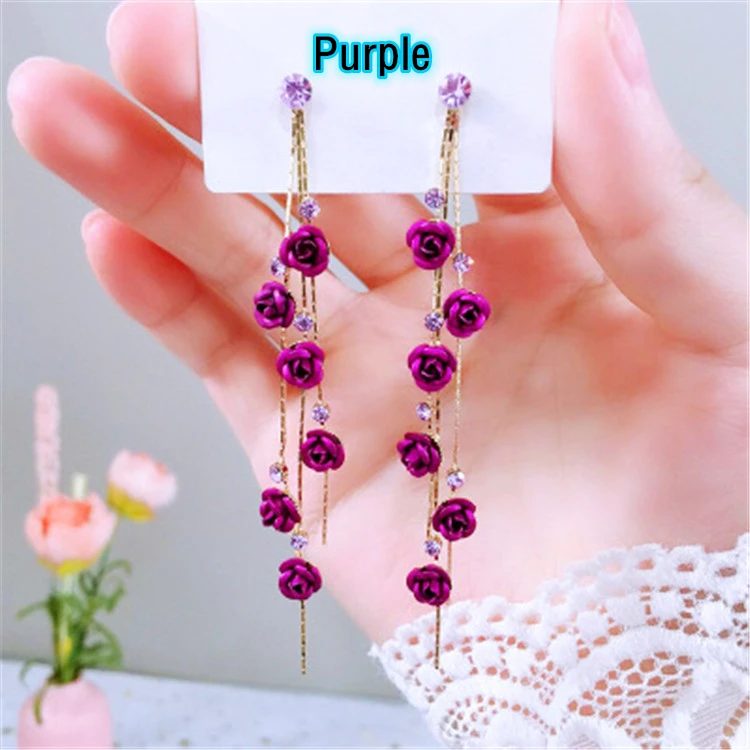

2021 Ear Jewelry Rose Flower Long Tassel Drop Dangle Earrings Party Accessories for Women