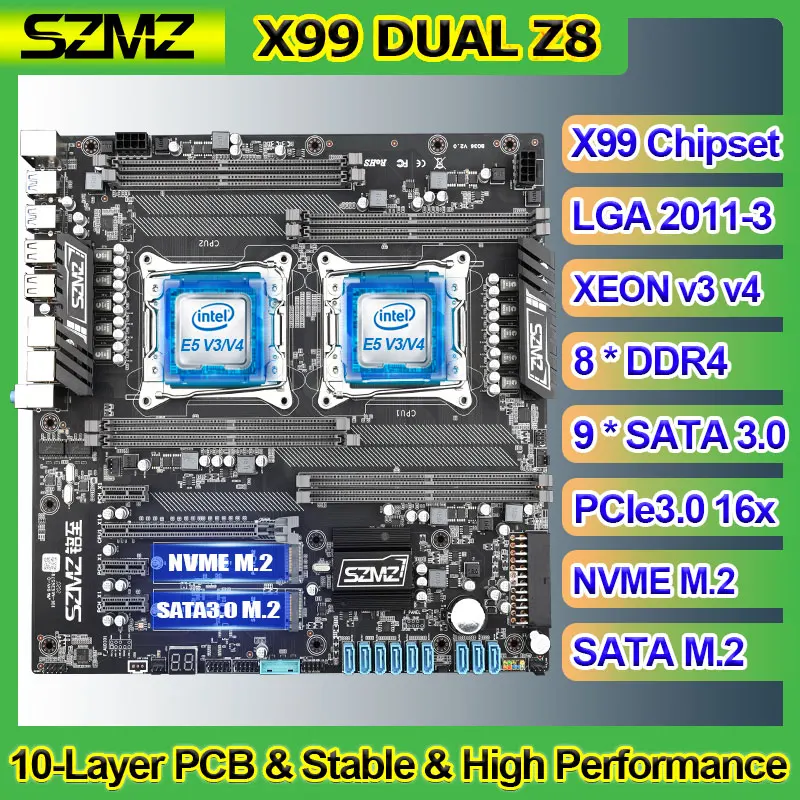 Verkauf SZMZ X99 Dual CPU Motherboard LGA 2011 V3 Unterstützung Xeon E5 V3 V4 Serie Mit 8 DDR4 + 9 SATA 3 Für Disk Miner Bergbau Gaming Kit