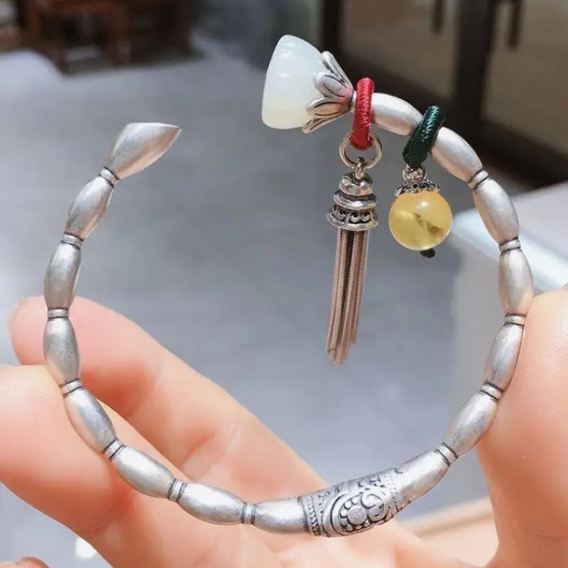 

Ethnic Handmade Lotus 925 Silver Bracelet for Young Women Inlaid with Hotan Yulianpeng Fashion Temperament Bracelet Jewelry Gift