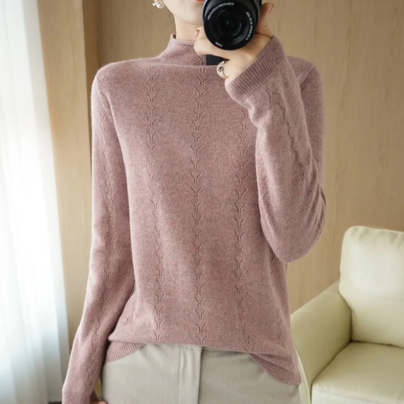 

2021 Autumn and Winter New Cashmere Sweater Women Half High Neck Pullover Casual Knitted Top 100% Pure Wool Female Jacket Warm