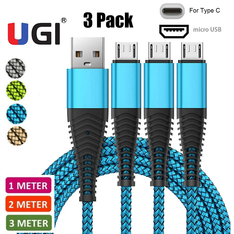 

UGI QC3.0 4A 3 шт., кабель для быстрой зарядки, Тип C USB C, кабель Micro USB, кабель для Android, быстрая зарядка для Samsung Xiaomi Pixel HTC