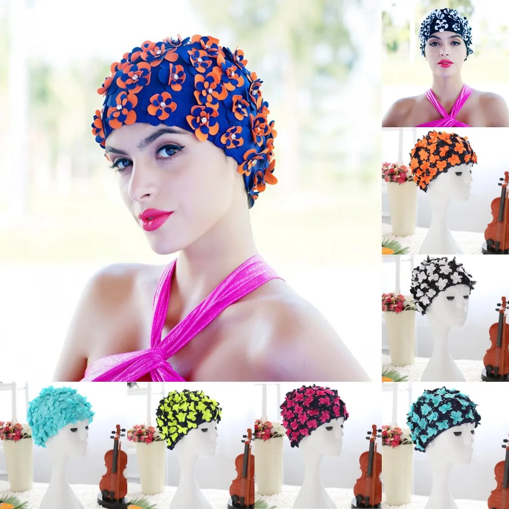 Шапка-тюрбан женская с длинными волосами 3d-шапка для плавания цветами стрейчевая