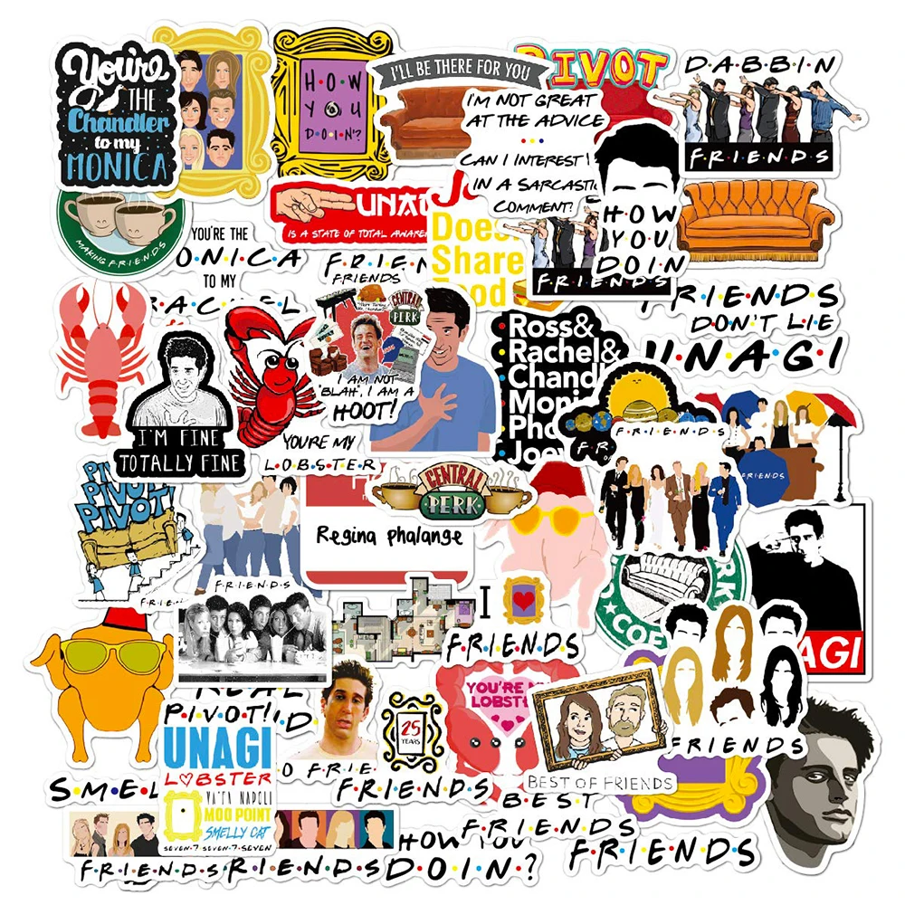 Pegatinas de dibujos animados para serie de TV Friends, accesorios para coche, bicicleta, equipaje de viaje, guitarra, port&aacute;til, impermeable, DIY, divertidos adhesivos cl&aacute;sicos juguetes, 10/30/50 Uds.-0