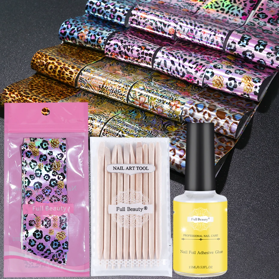 16 шт. Набор наклеек для переноса ногтей с леопардовым принтом + 10 деревянных