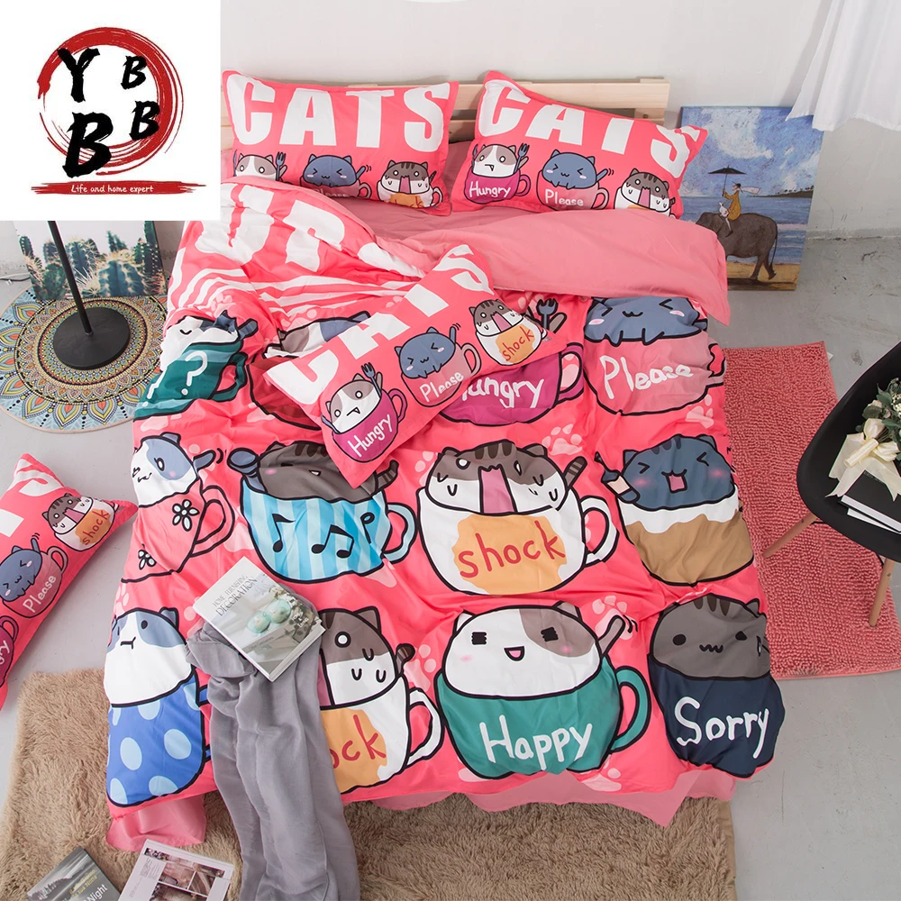 

Home Textile Pink alphabet Bedding Set Cartoon Animal cat 3pcs Duvet Cover Sets quilt cover pillow cases High-quality