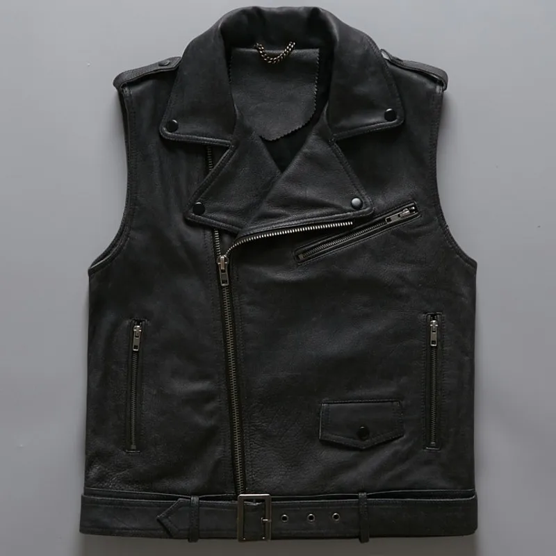 

New Luxury Cow Genuine Leather Mens Moto Biker Sleeveless Jacket Slim Fit Lapel Collar Windbreaker Vest Buckle Punk Coats