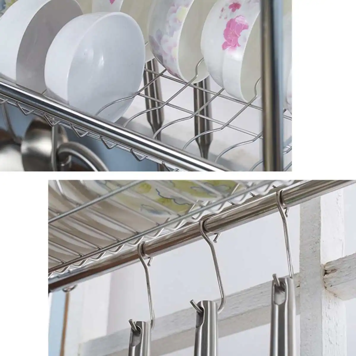 

2-Tier Stainless Steel Dish Rack Over Sink Bowl Shelf Organizer Cutlery Holder Drying Rack for Double-Slot Sink Utensils Holder