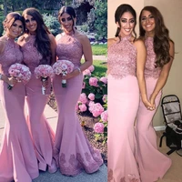 south african mermaid long bridesmaid dresses black girls halter sleeveless lace top maid of honor wedding guest dresses