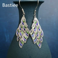 bastiee s999 sterling silver feather earrings for women fine drop earring peacock cloisonne enamel hmong handmade jewelry