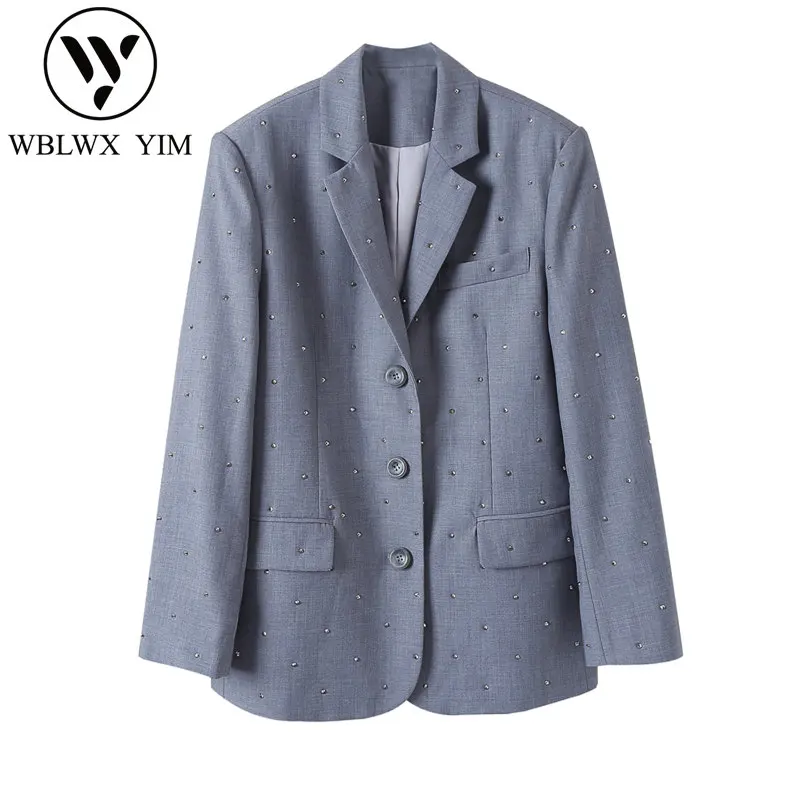 

Casual Blazer Jacket Women Single Breasted Lapel Loose Plus Size Suit Jacket Autumn Womens Fashion Rhinestone Chic Blazers Coat