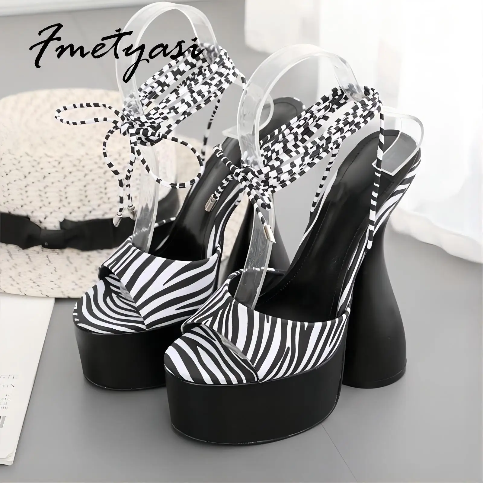 35-42 Newest Women High Heel Platform Strange Style Black White Cross Strap Gladiator Winding Sandal Party Dress Wedding Shoes