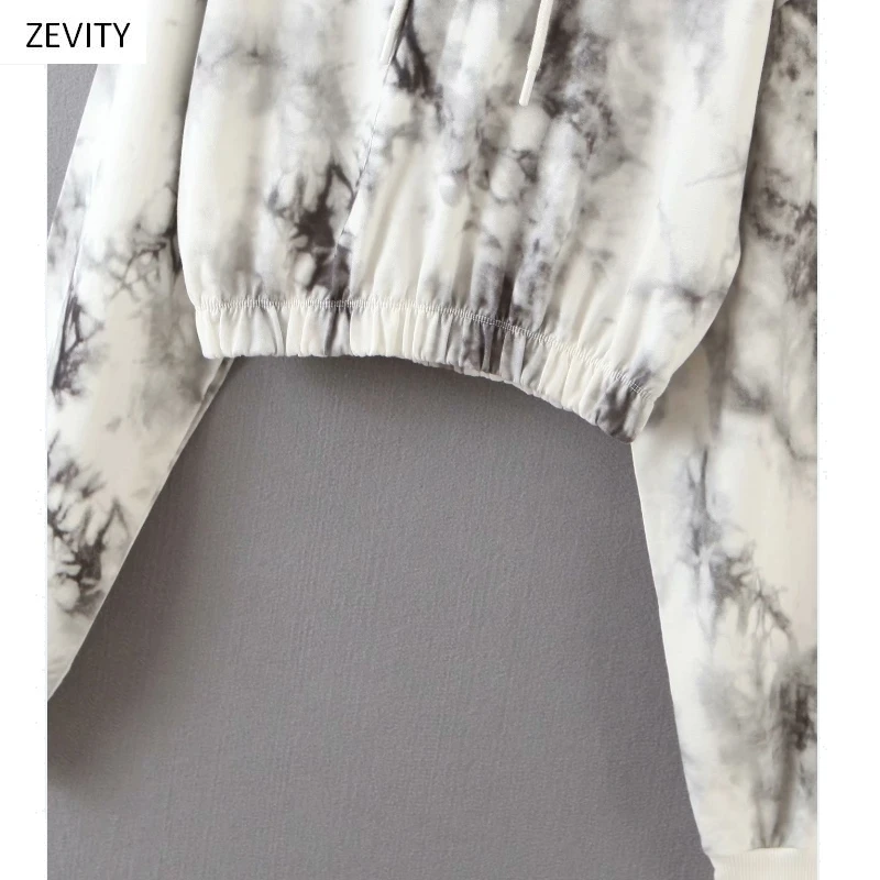 Zevity New 2020 Women vintage ink tie dyed painting casual hooded sweatershirts ladies hem elastic hoodies brand chic tops H300 | Женская