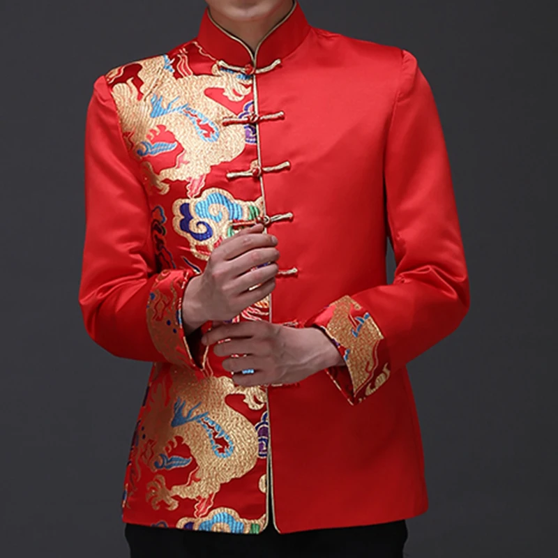 

Dragon Pattern Jacquard Mens Red Suit Jacket Mandarin Collar Traditional Chinese Men Satin Wedding Jacket Frog Closure S-2XL
