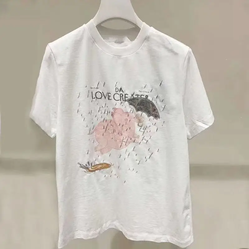 

Women's Fashion Casual Cartoon Elephant Letter Embroidered Printed Tee Summer Cute Short Sleeve T-shirt for Women Loose Top