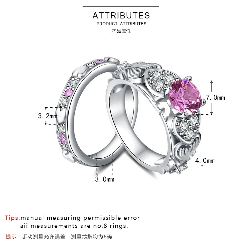 2/pc Romantic Heart Shape Crystal Engagement Wedding Ring for Women Pink/Red Gems Sets Ring for Anniversary Party Jewelry Gifts