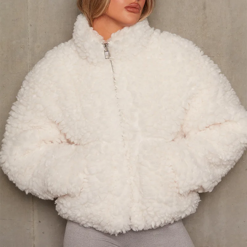 Women's  Coat  Winter Jacket Lamb Wool  Plush Cardigan  Solid Two Pockets Zipper Outerwear Soft Ladies Faux Fur Coats Outwea